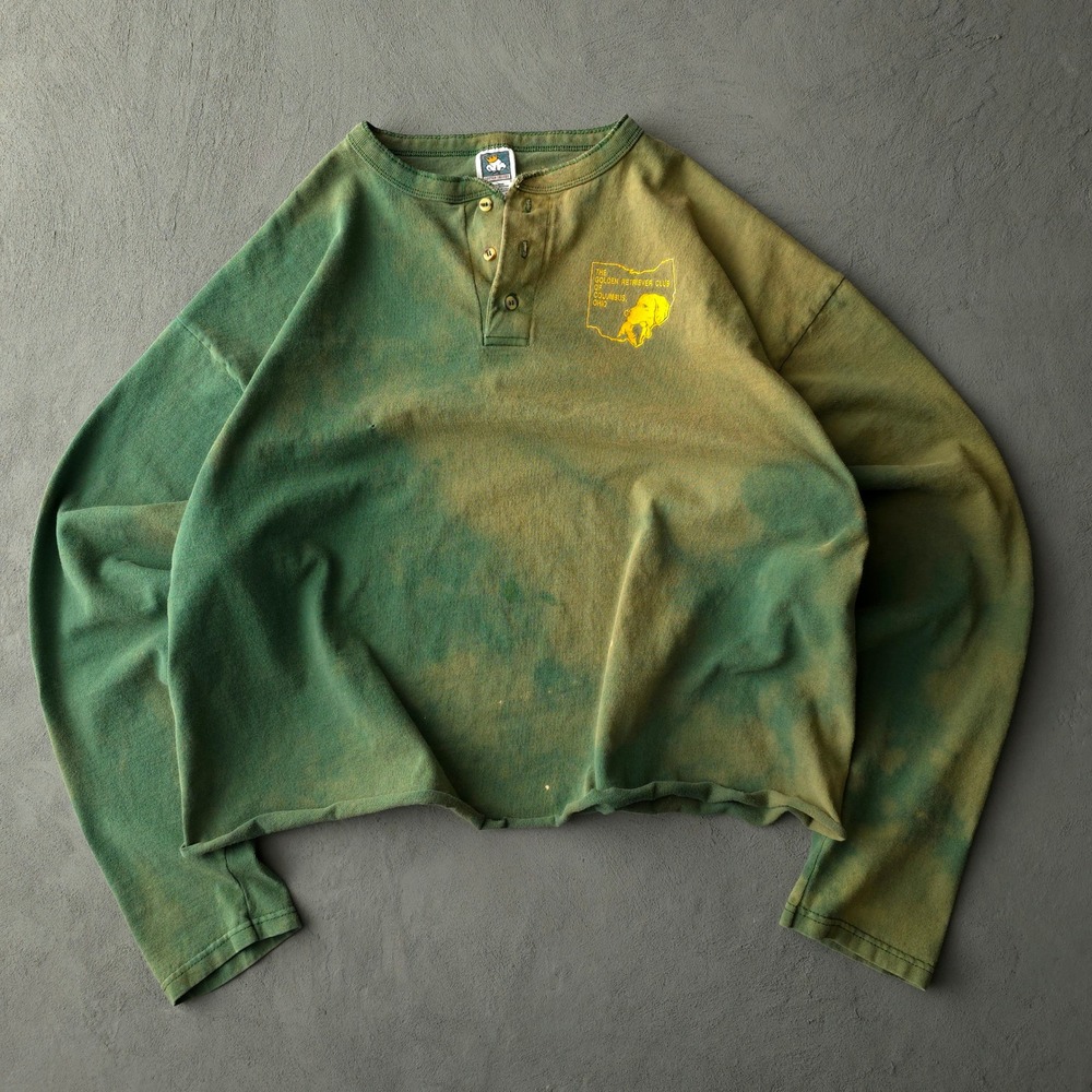 Vintage 90s Henley T-shirt 2X Green Bleach Faded Cropped Golden Retriever Club